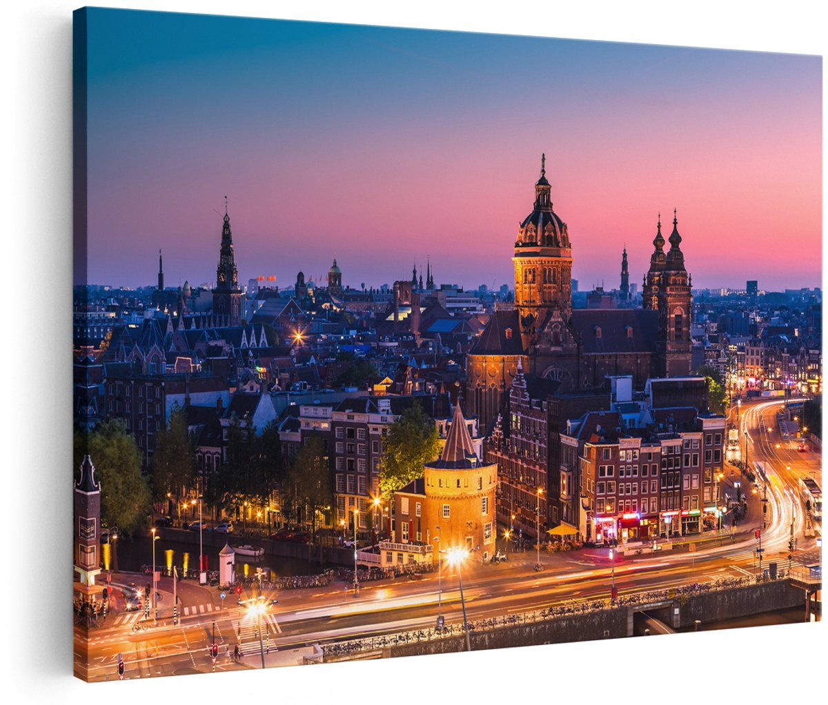 Artaza Canvas Schilderij Amsterdam Skyline Bij Zonsondergang - 180x120 cm - Groot - Wanddecoratie Woonkamer - Schilderijen - Muurdecoratie