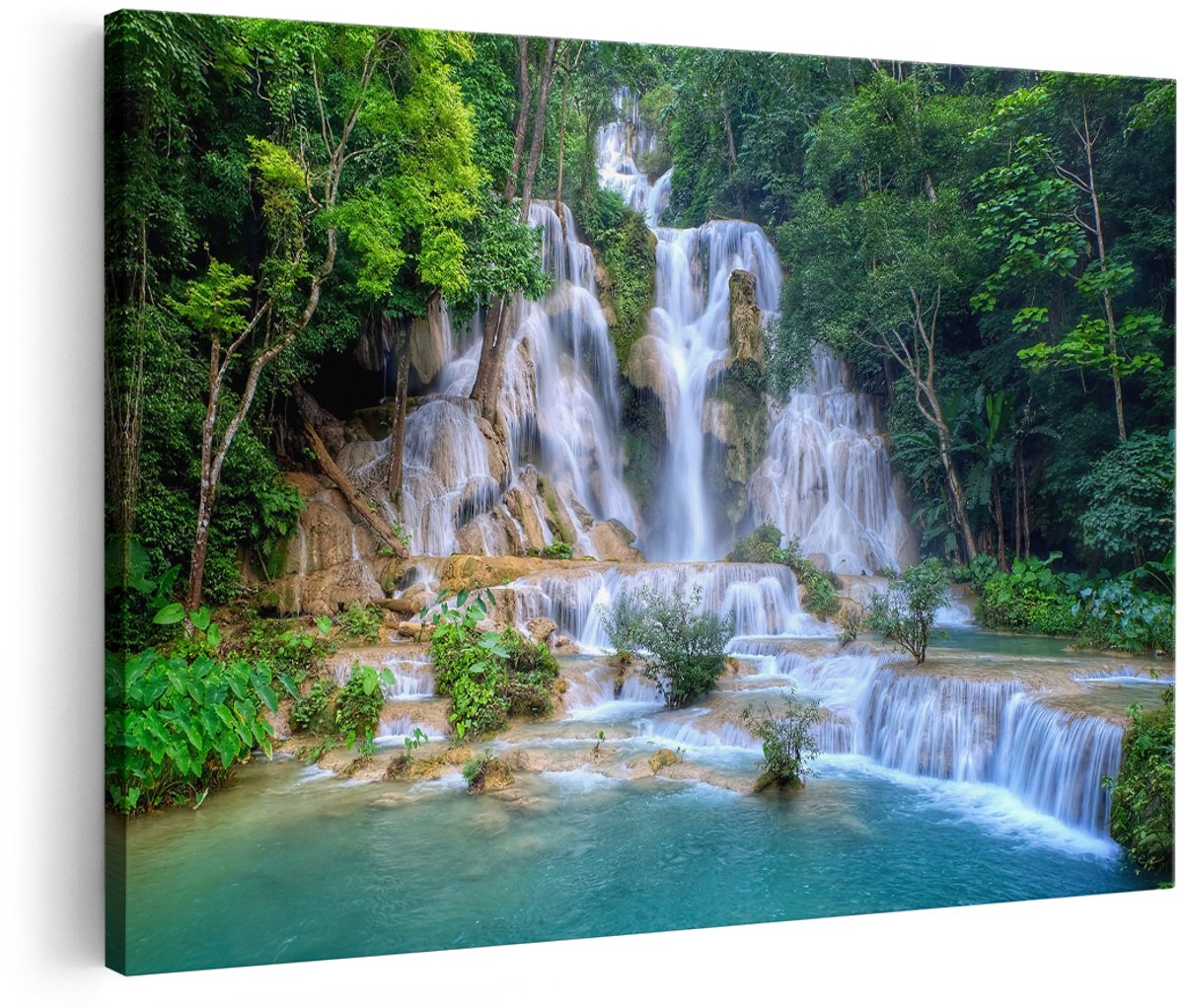 Artaza Canvas Schilderij Waterval In Het Tropische Natuur - 180x120 cm - Groot - Wanddecoratie Woonkamer - Schilderijen - Muurdecoratie