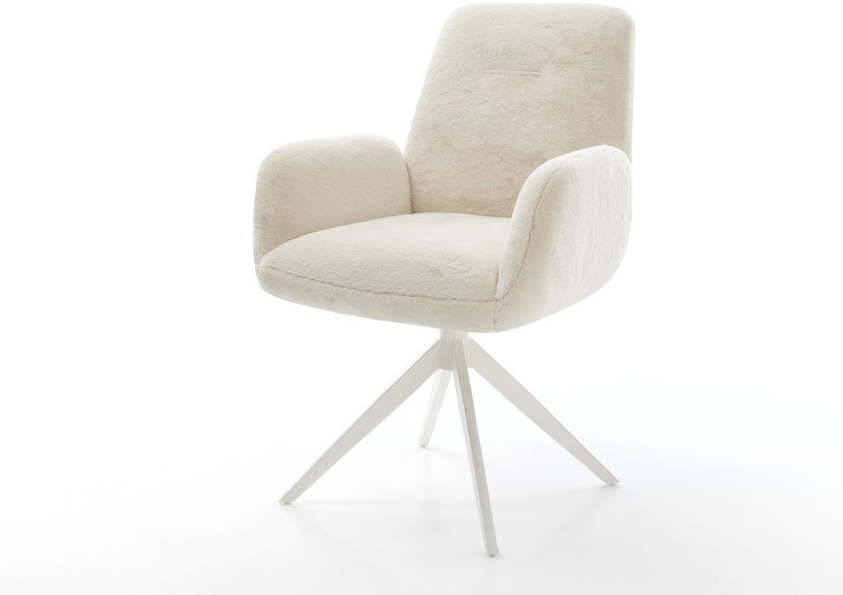 Eetkamerstoel Zoa-Flex kruisframe breed afwerking met titanium pluchen crème-wit 360° draaibaar rocker-functie pocketveer kern