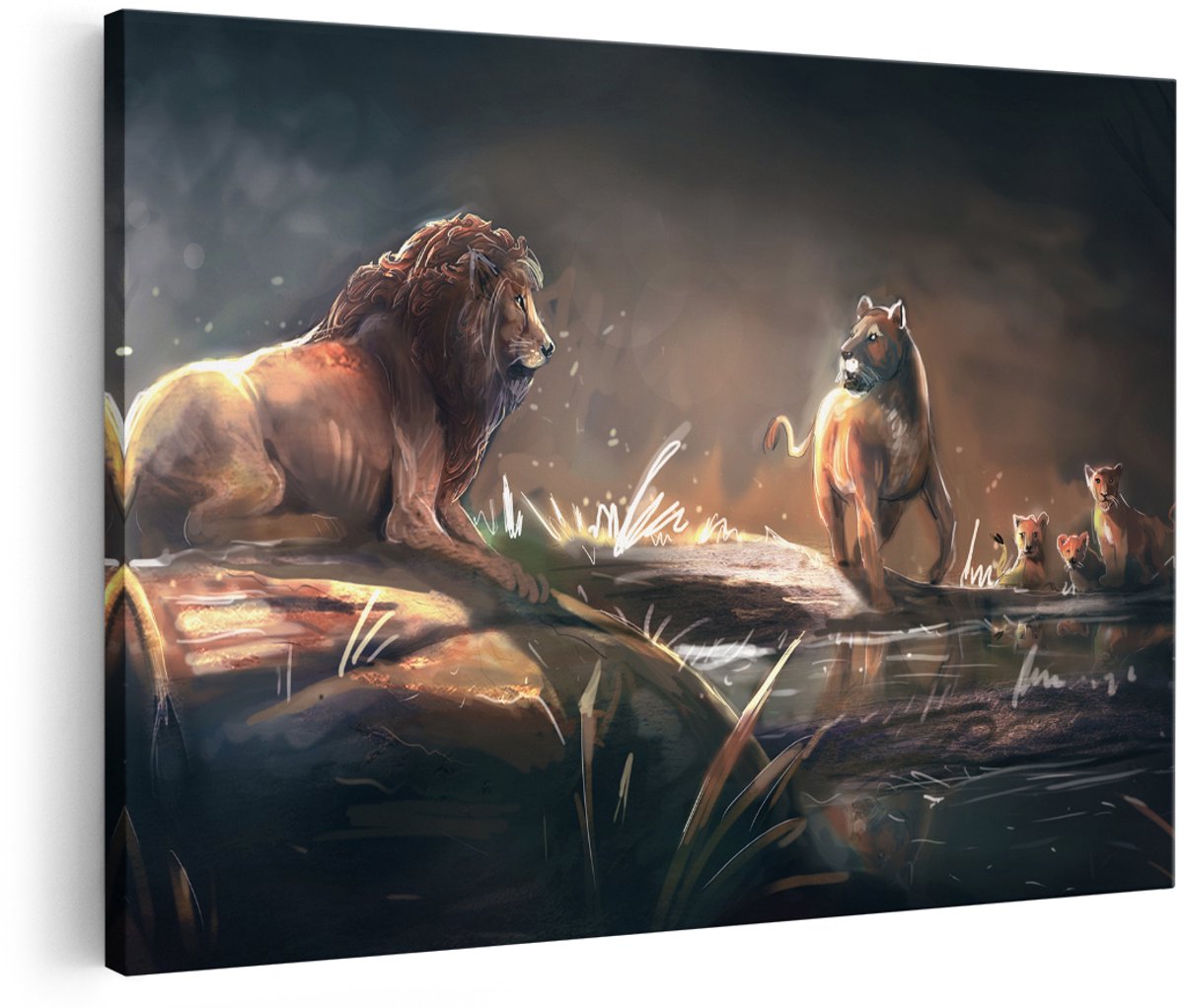 Artaza Canvas Schilderij Leeuwen Familie in het Wild - Getekend - 180x120 cm - Groot - Wanddecoratie Woonkamer - Schilderijen - Muurdecoratie
