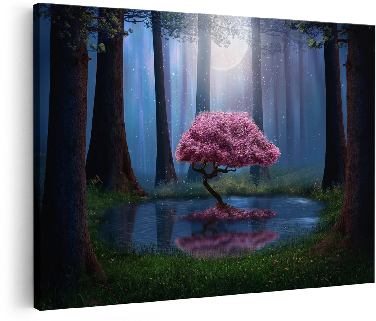 Artaza Canvas Schilderij Roze Boom Op Een Vijver In De Nacht - 180x120 cm - Groot - Foto Op Canvas - Wanddecoratie Woonkamer
