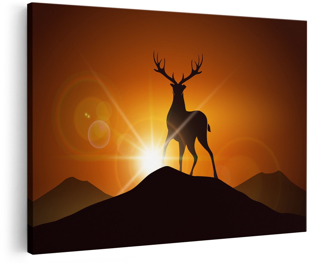 Artaza Canvas Schilderij Hert Op Een Berg - Abstract - Silhouet - 180x120 cm - Groot - Foto Op Canvas - Wanddecoratie Woonkamer