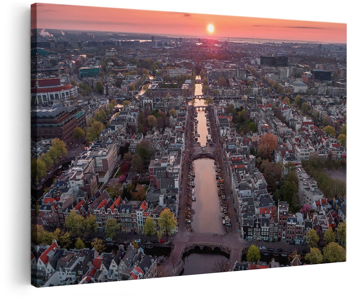 Artaza Canvas Schilderij Bovenaanzicht Amsterdam Met Zonsondergang - 180x120 cm - Groot - Wanddecoratie Woonkamer - Schilderijen - Muurdecoratie