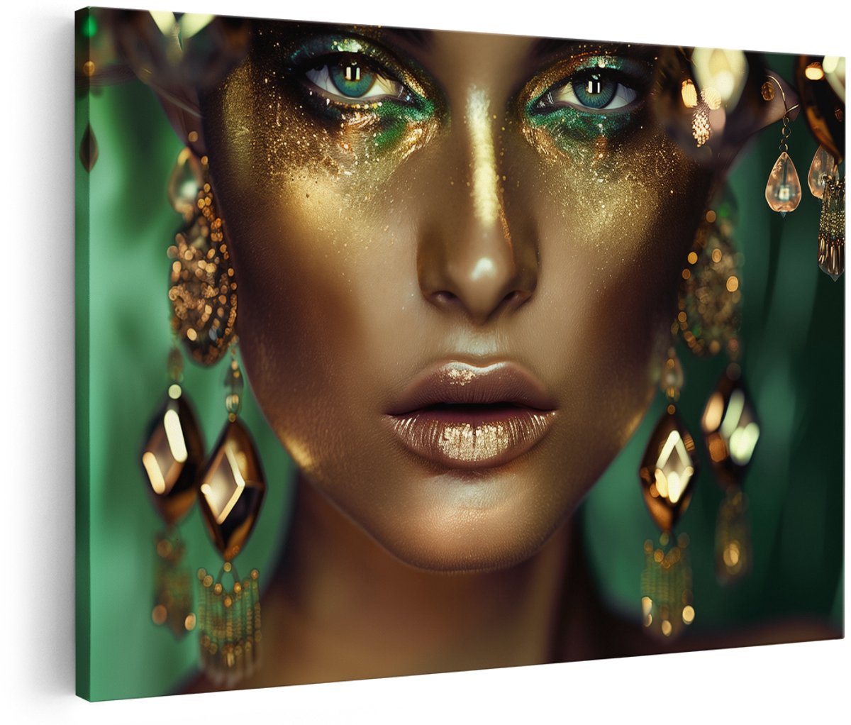 Artaza Canvas Schilderij Vrouw met Gouden Make Up en Oorbellen - 180x120 cm - Groot - Wanddecoratie Woonkamer - Schilderijen - Muurdecoratie