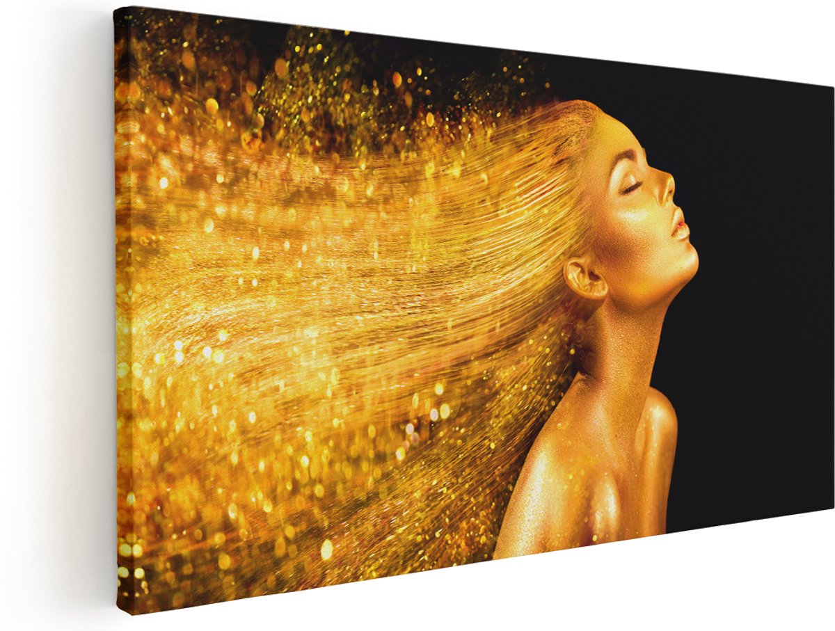 Artaza Canvas Schilderij Gouden Vrouw met Lange Haren - 180x90 cm - Groot - Klein