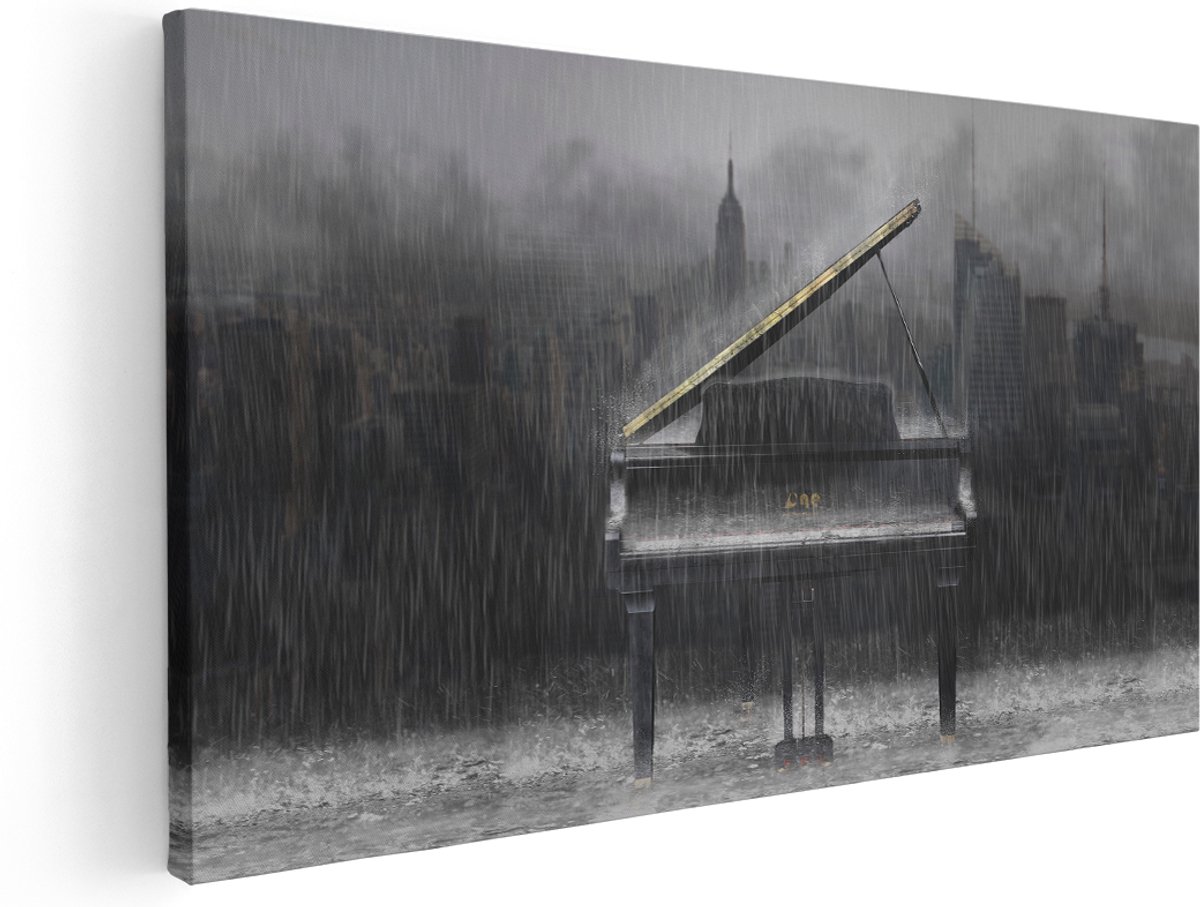 Artaza Canvas Schilderij Piano in de Regen voor een Stad - 180x90 cm - Groot - Wanddecoratie Woonkamer - Schilderijen - Muurdecoratie