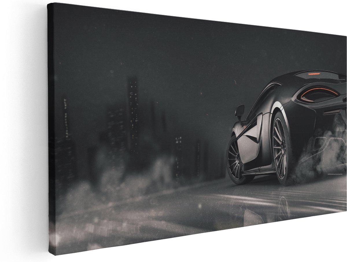 Artaza Canvas Schilderij Zwarte Sportwagen Auto Nabij Een Stad - 180x90 cm - Groot - Wanddecoratie Woonkamer - Schilderijen - Muurdecoratie