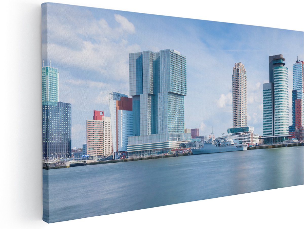 Artaza Canvas Schilderij Rotterdamse Skyline Aan Het Water - 180x90 cm - Groot - Wanddecoratie Woonkamer - Schilderijen - Muurdecoratie