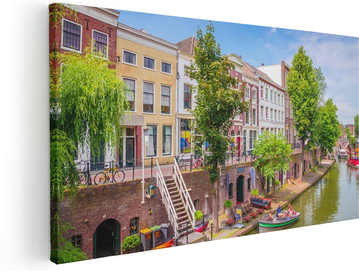 Artaza Canvas Schilderij Huisjes Aan De Oudegracht In Utrecht - 180x90 cm - Groot - Wanddecoratie Woonkamer - Schilderijen - Muurdecoratie