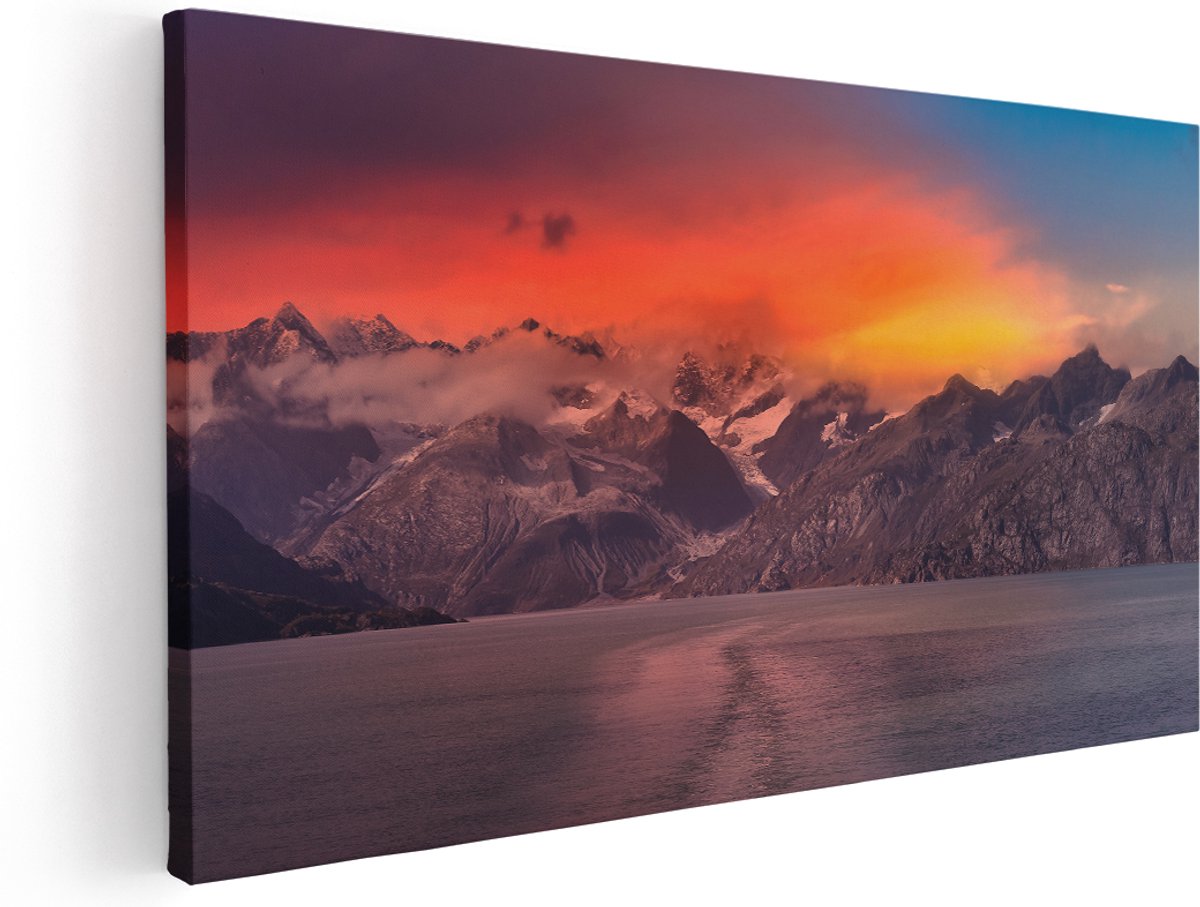 Artaza Canvas Schilderij Meer Bij De Bergen Bij Zonsondergang - 180x90 cm - Groot - Wanddecoratie Woonkamer - Schilderijen - Muurdecoratie