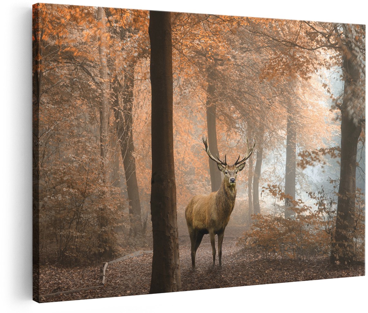 Artaza Canvas Schilderij Hert In Het Bos - Herfst - 180x120 cm - Groot - Wanddecoratie Woonkamer - Schilderijen - Muurdecoratie