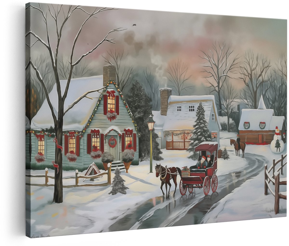 Artaza Canvas Schilderij Kunstwerk van een Kerstdorp met een Paardenkoets - 180x120 cm - Groot - Wanddecoratie Woonkamer - Schilderijen - Muurdecoratie