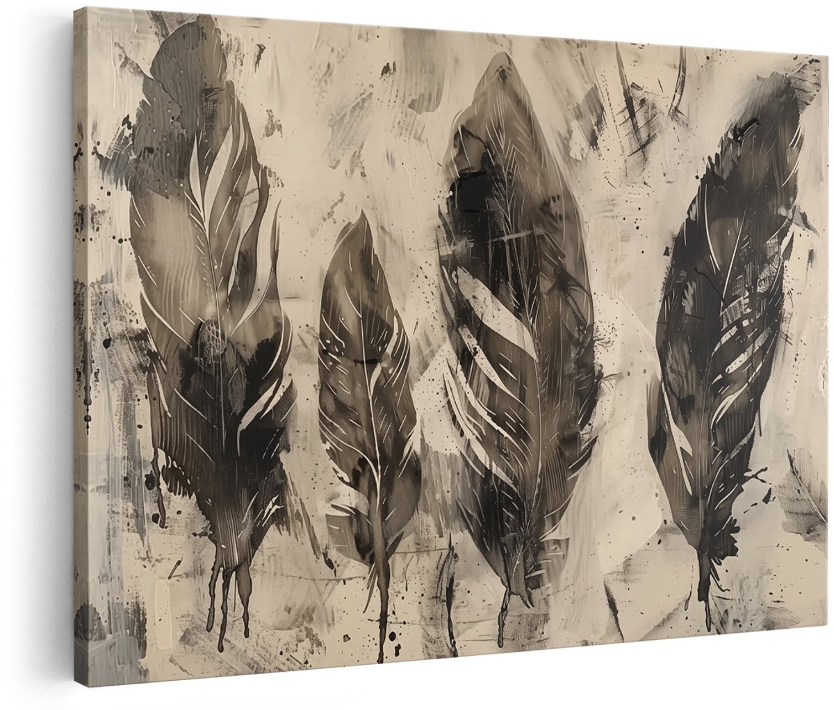 Artaza Canvas Schilderij Zwart Wit Kunstwerk van Veren - 180x120 cm - Groot - Wanddecoratie Woonkamer - Schilderijen - Muurdecoratie