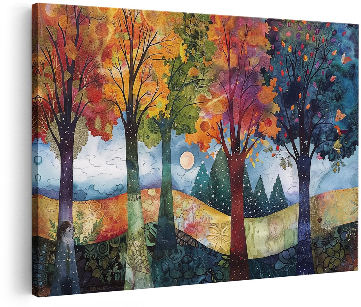 Artaza Canvas Schilderij Kleurrijke Bomen in een Veld - 180x120 cm - Groot - Wanddecoratie Woonkamer - Schilderijen - Muurdecoratie