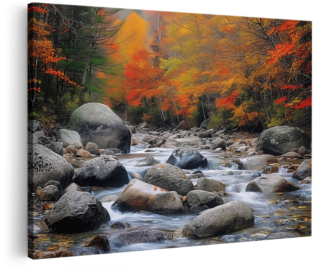 Artaza Canvas Schilderij Stroom met Bomen en Rotsen - 180x120 cm - Groot - Wanddecoratie Woonkamer - Schilderijen - Muurdecoratie