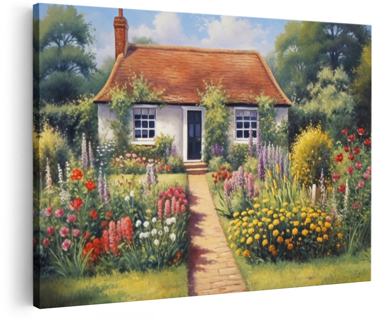 Artaza Canvas Schilderij Cottage - 180x120 cm - Groot - Wanddecoratie Bloementuin - Muurdecoratie Landelijk - Schilderijen Natuur - Landschap