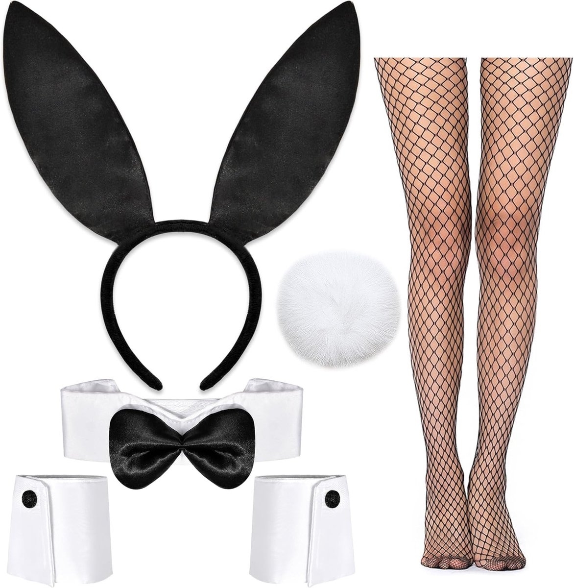 Complete Konijn Accessoires Set voor Dames - Konijnen Kostuum met Oren, Kraag, Manchet, Staart en Visnet Kousen voor Halloween en Carnaval