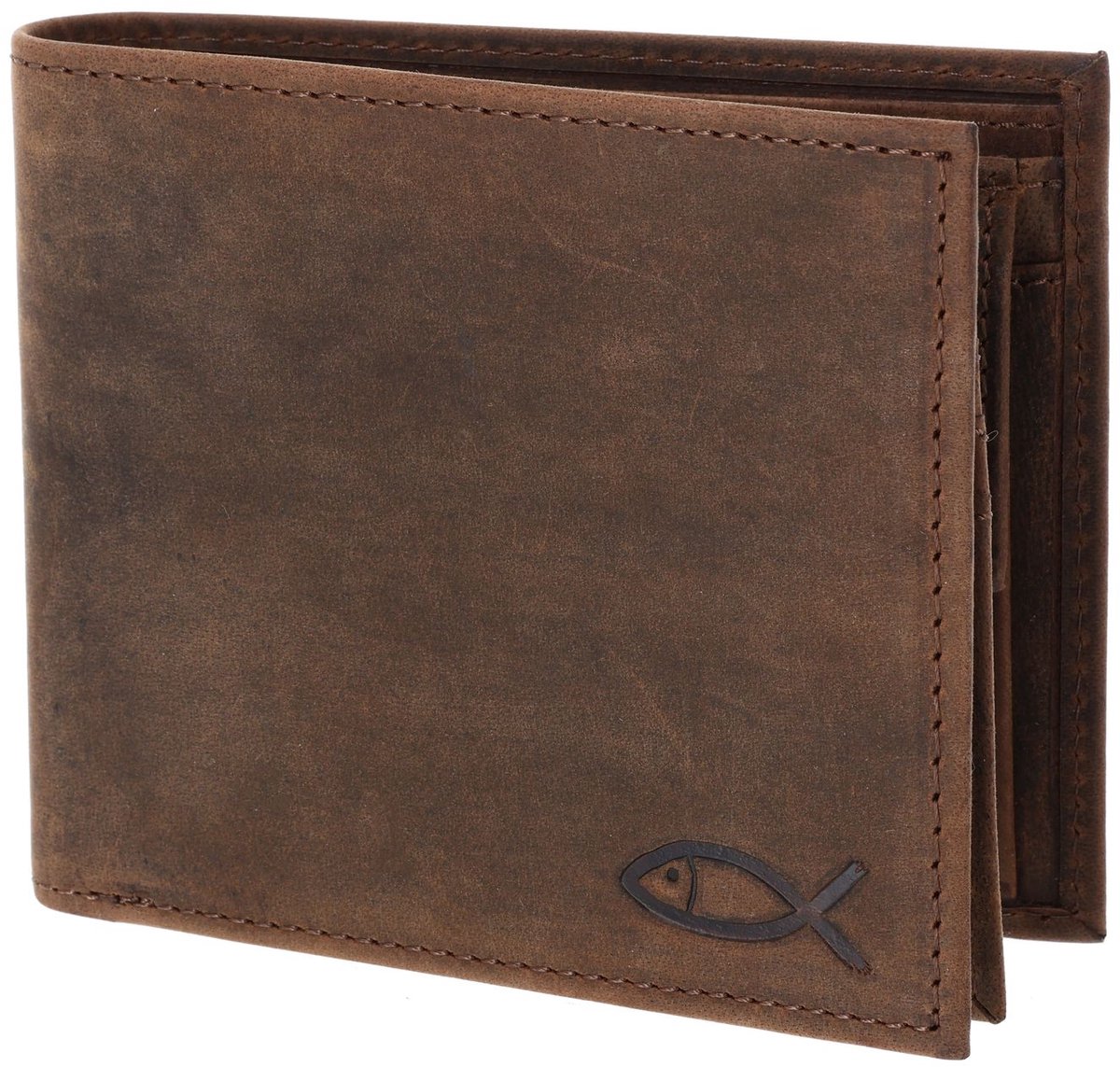 oxmox Leren portemonnee Leather RFID Protect Querscheinbörse Freedom Fish Embossed Vintage Dark Brown donkerbruin