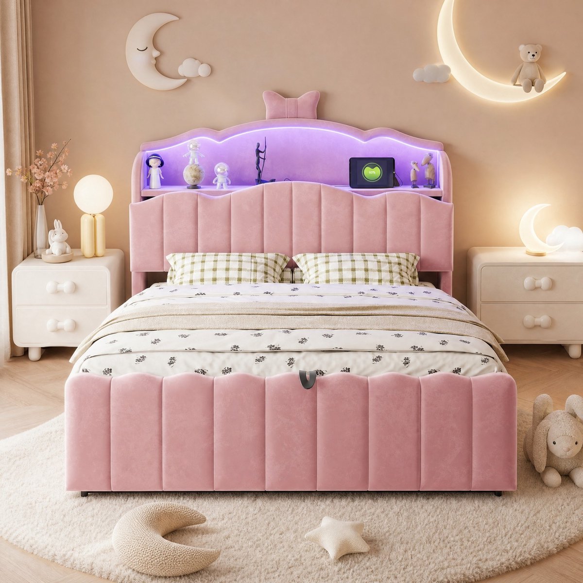 Kinderbed 140 x 200 cm – Met Ledverlichting En Usb En Usb-C – Stof En Metaal – Pink – Met Opbergruimte