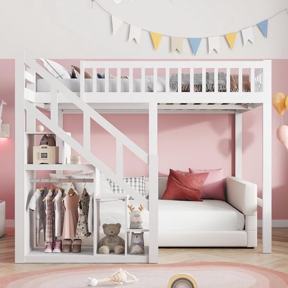 Bunk Bed 140 x 200 cm met Trap en Opbergruimte, Kinderbed met Valbeveiliging en Hekken