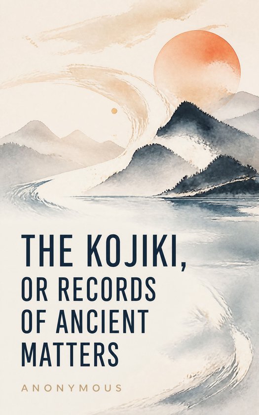 Boekomslag voor 'The Kojiki, or Records of Ancient Matters' met Japanse bergen en een opkomende zon.