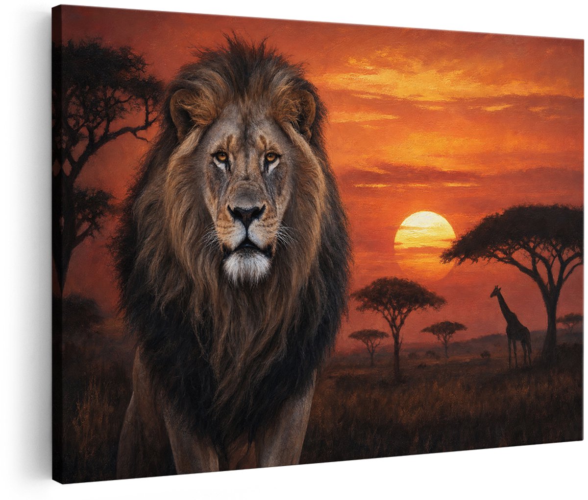 Artaza Canvas Schilderij Leeuw - Afrikaanse Zonsondergang - Natuur - 150x100 cm - Groot - Wanddecoratie Woonkamer - Schilderijen - Muurdecoratie