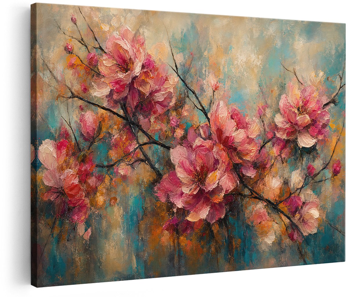 Artaza Canvas Schilderij Roze Bloemen - Abstract Kunst in Multikleur - 150x100 cm - Groot - Wanddecoratie Woonkamer - Schilderijen - Muurdecoratie