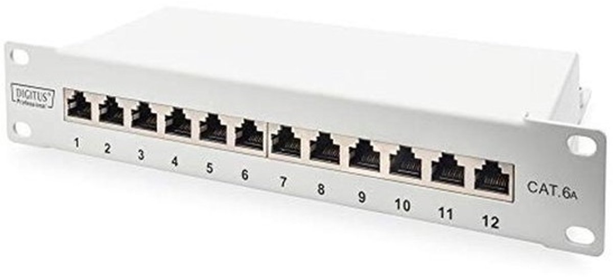 DIGITUS Cat-6A patch-paneel - 12 poorten - RJ45-aansluitingen - 10-inch rack mount 1HE - LSA verdelerveld - afgeschermd - grijs