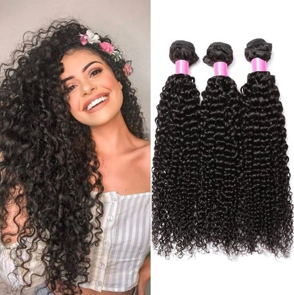 3 Bundels Braziliaans Echt Haar Extensions, Diepe Krul, 26 Inch (66 cm), 150 Gram Totaal