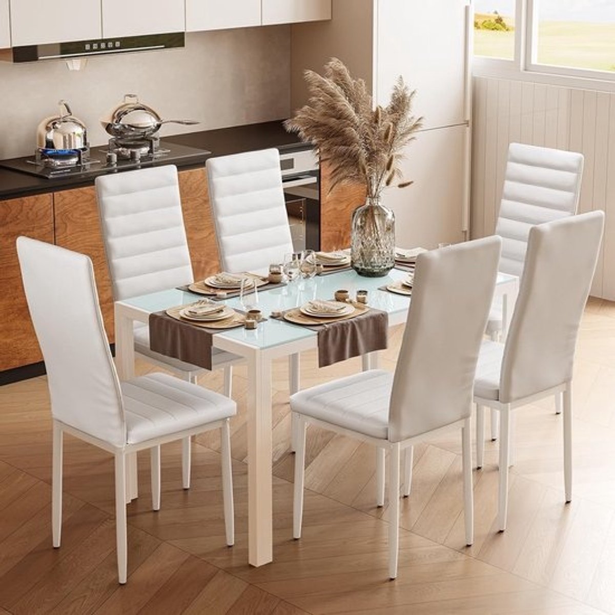 Moderne Eettafel Set voor 6 Personen, Tempered Glas 7-Delig Tafel en Stoelen Set voor Thuis, Keuken en Woonkamer
