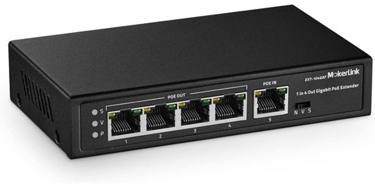 PoE Extender 5-Poorts Gigabit Switch - Repeater voor PoE In/Uit - Wandmontage