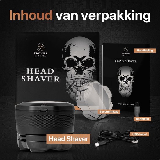 Inhoud van de verpakking: "Head Shaver", "Brothers in Style" handleiding, beschermkap, borsteltje, USB-kabel.