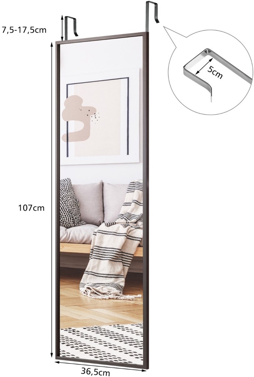 SureDeal® - Wandspiegel - Groot - Hoogte Verstelbare Ophanghaken - 107x36,5 cm - Koffiebruin