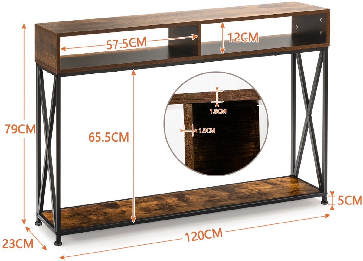 SureDeal® - Consoletafel - Open Schap - Etalen Zwart - Wit - Rustiek Bruin - 120x23x79 cm - Koffiebruin