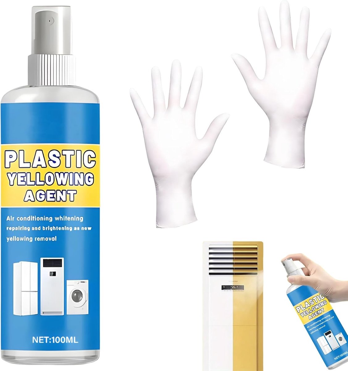 Reiniger voor vergeeld kunststof 100 ml - Herstelt wit kunststof, ideaal voor raamkozijnen en huishoudelijke apparaten, inclusief handschoenen