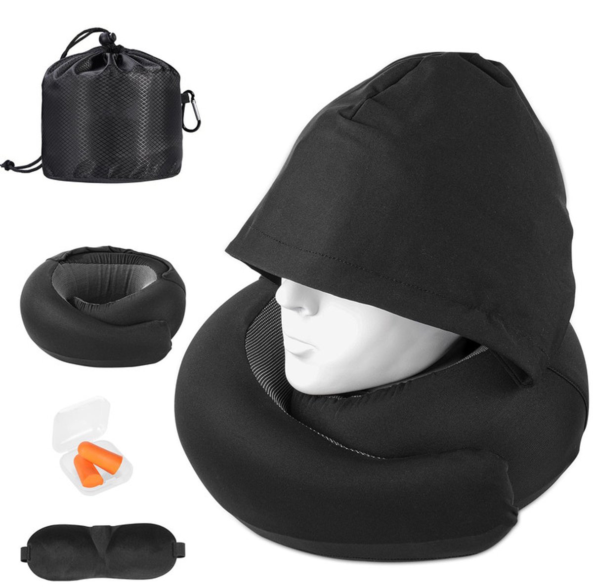 Reiskussen voor vliegtuig - Traagschuim nekkussen met 360° verstelbare nek- en kinsteun - Ingebouwde capuchon met oogmasker en oordopjes - Compact voor lange vluchten, auto en trein