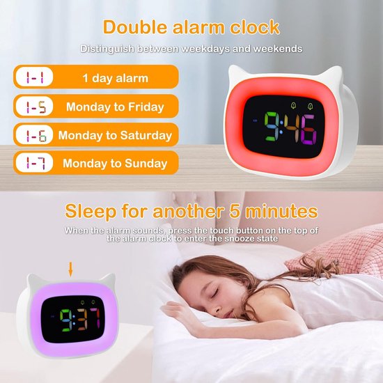 Kinderwekker met Nachtlampje - Digitale Klok - Wakker Worden - RGB Kleuren Verlichting - Dubbele Alarmen - Wit — afbeelding 4
