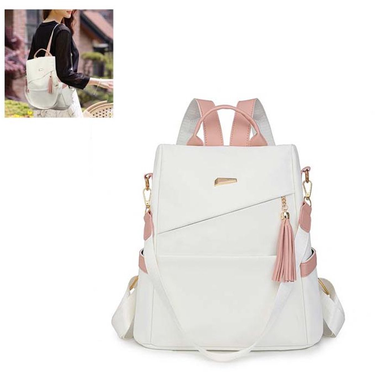 KZQ Mini damesrugzak - draagtas - lichtgewicht nylon met waterflesvak en antidiefstalfunctie - geschikt voor reizen en dagelijks gebruik - roze/wit