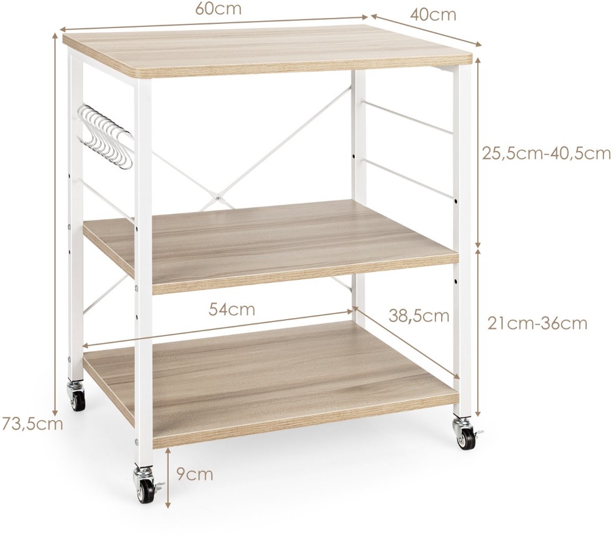 SureDeal® - Keukentrolley - Laags Bakkersrek Keukengerei - Afneembare Haken Metalen - Vergrendelbare Wielen - 60x40x73,5 cm - Beige