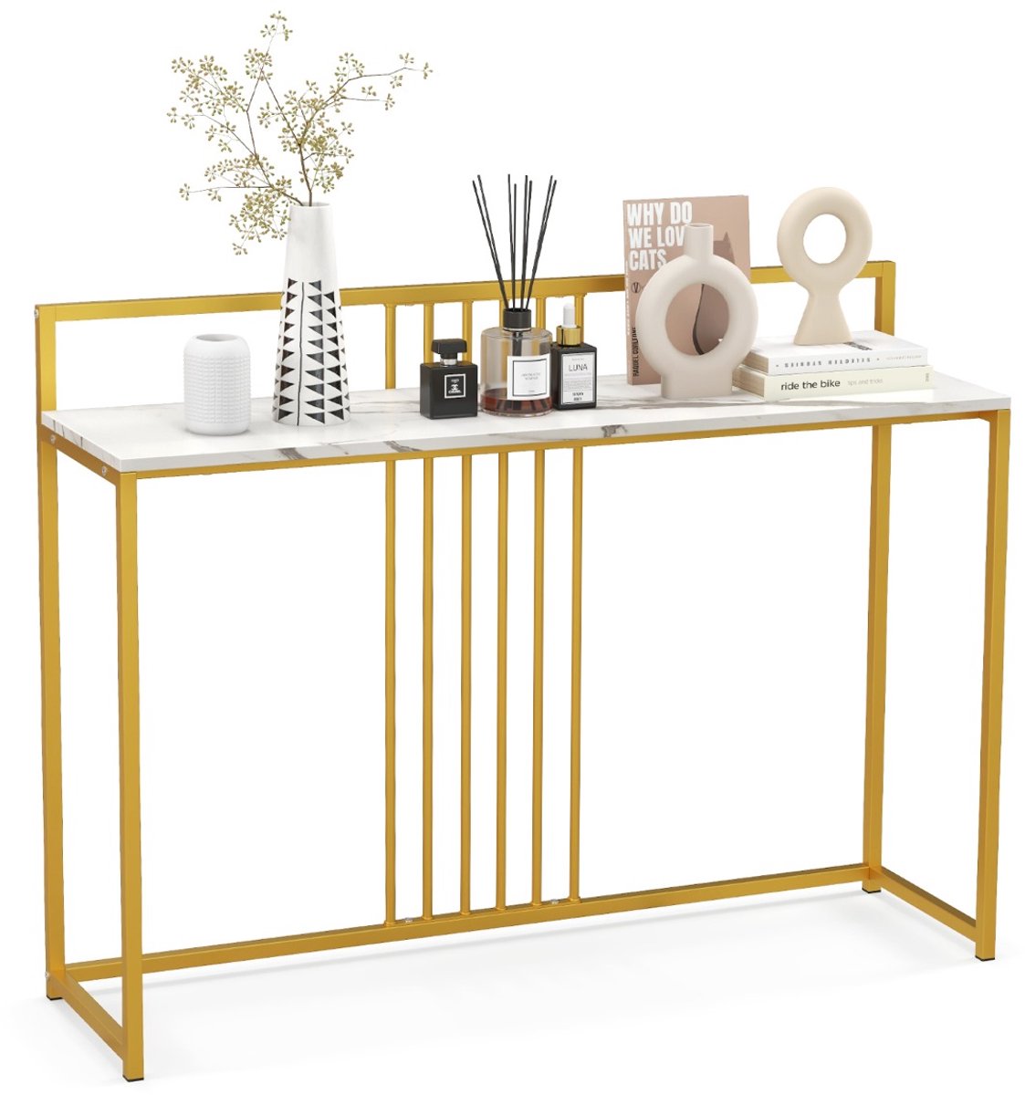 SureDeal® - Consoletafel - Lange Toegangstafel - Imitatiemarmer Blad - Verguld Metalen Onderstel - 120x32x89 cm - Wit