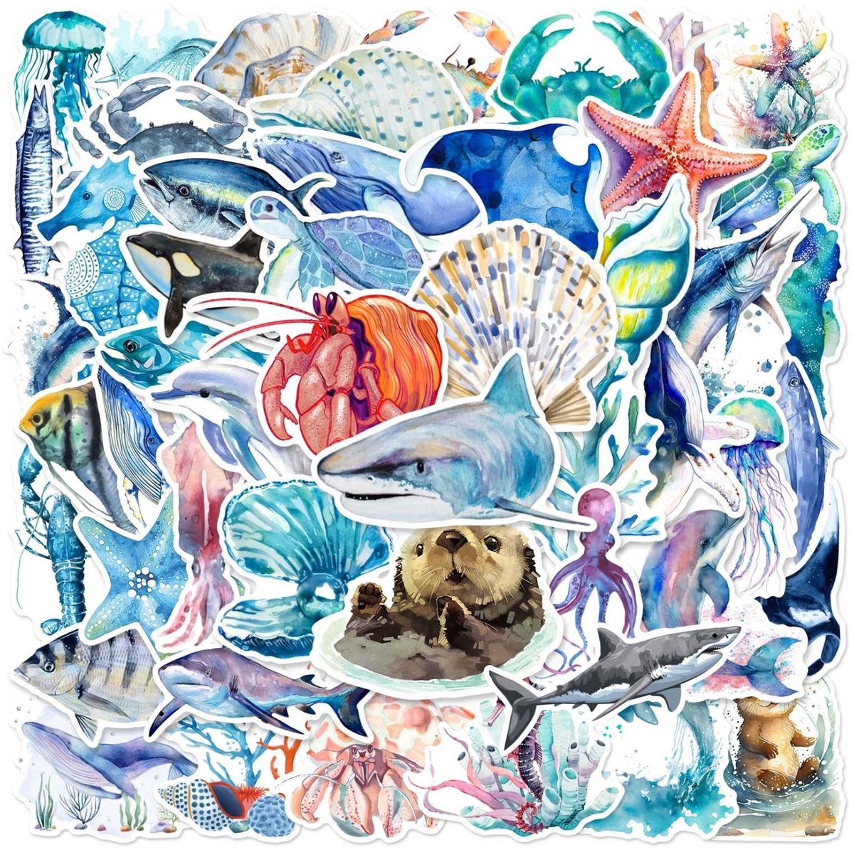 50 Oceaan Stickers – Zeedieren, Haaien, Walvissen & Vissen – 4-6 cm