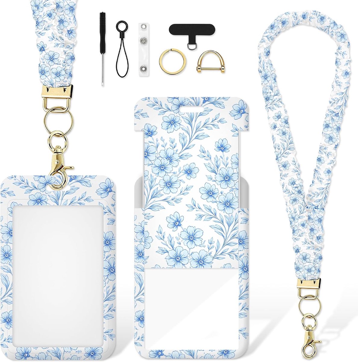 Blauwe Bloemen Keycord met ID-Badgehouder - Scrunchie Polsbandje met Telefoonkoord, Goudkleurige Sleutelring en D-Ring - Sleutelkoord voor Pasjes, Sleutels en Kantoor