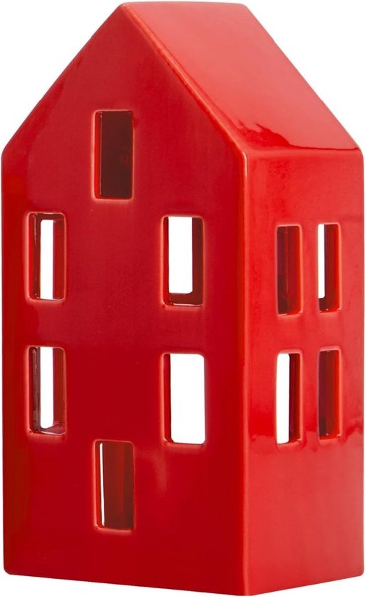 Theelichthuis Dolomiet - Huisje Kaars - Sfeerverlichting Huis - Kleine Raampjes - 17 x 7 cm - Rood