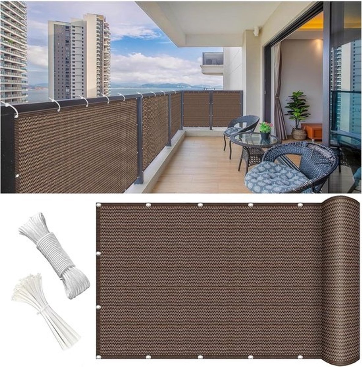 Balkon Inkijkbescherming - Privacy Scherm Hek - Tuin Terras Gebruik - Ademend Lichtgewicht Materiaal - 85 x 600 cm - Bruin