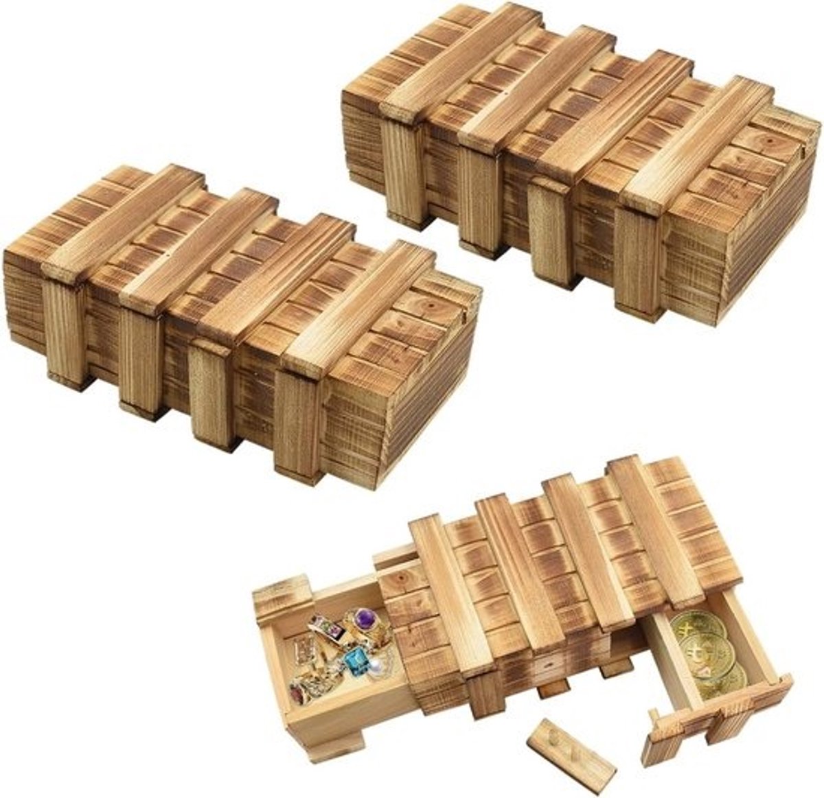 Set van 2 Kleine Houten Puzzeldozen met Compartimenten, IQ Speelgoed voor Kinderen, Verjaardagscadeaus en Opbergdozen voor Sieraden en Geld, 15 x 8 x 5 cm