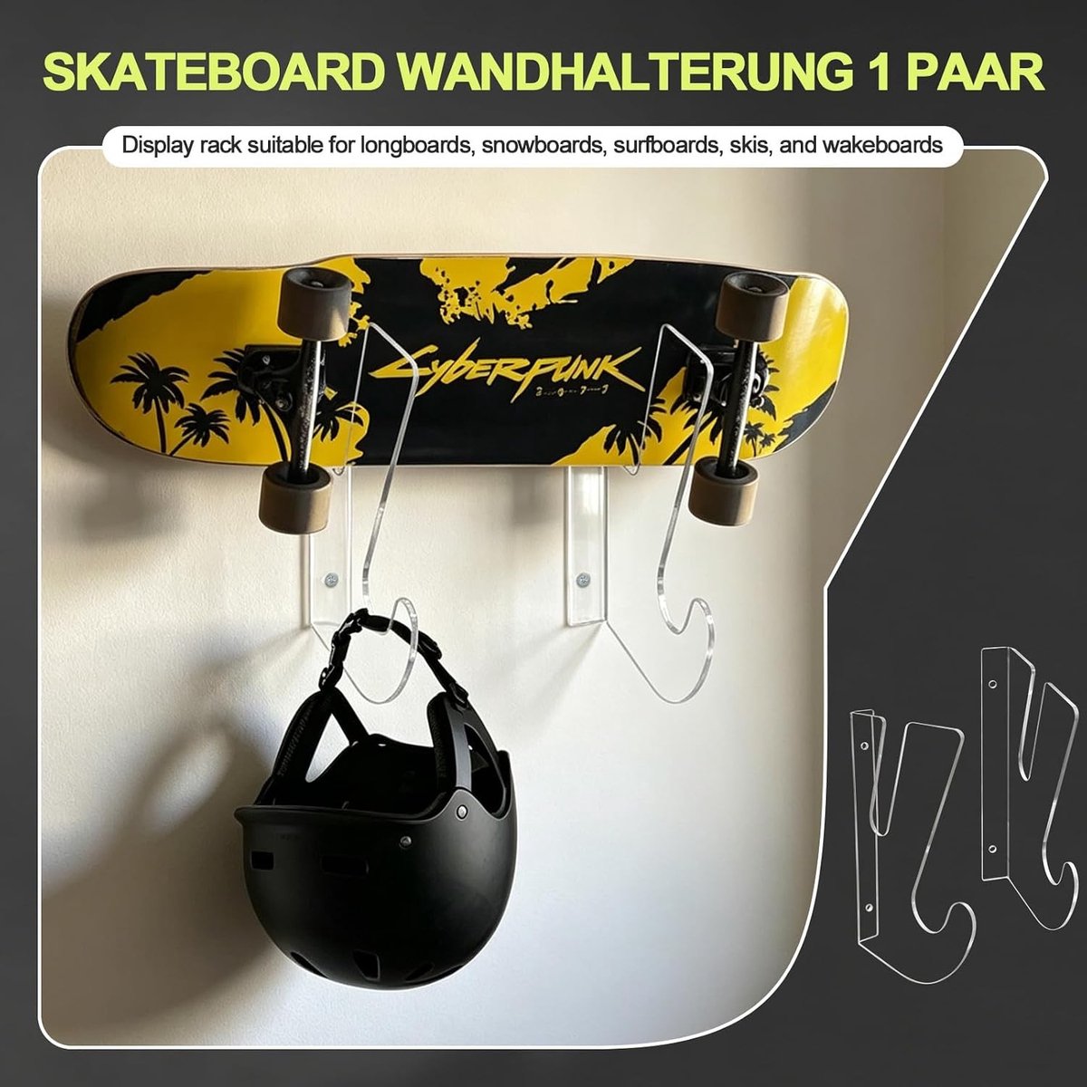 Acryl Wandbeugel voor Skateboards, Longboards en Snowboards - Ruimtebesparende Display met Opslaghaken en Bevestigingsmateriaal