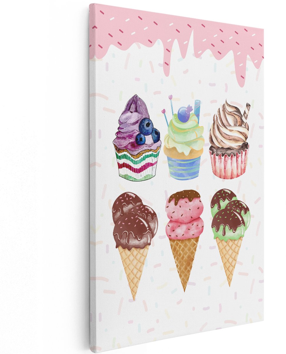 Artaza Canvas Schilderij Cupcakes - 120x180 cm - Groot - Wanddecoratie Kinderkamer - Muurdecoratie IJsjes - Decoratie Meisjeskamer - Schilderijen Op Canvas
