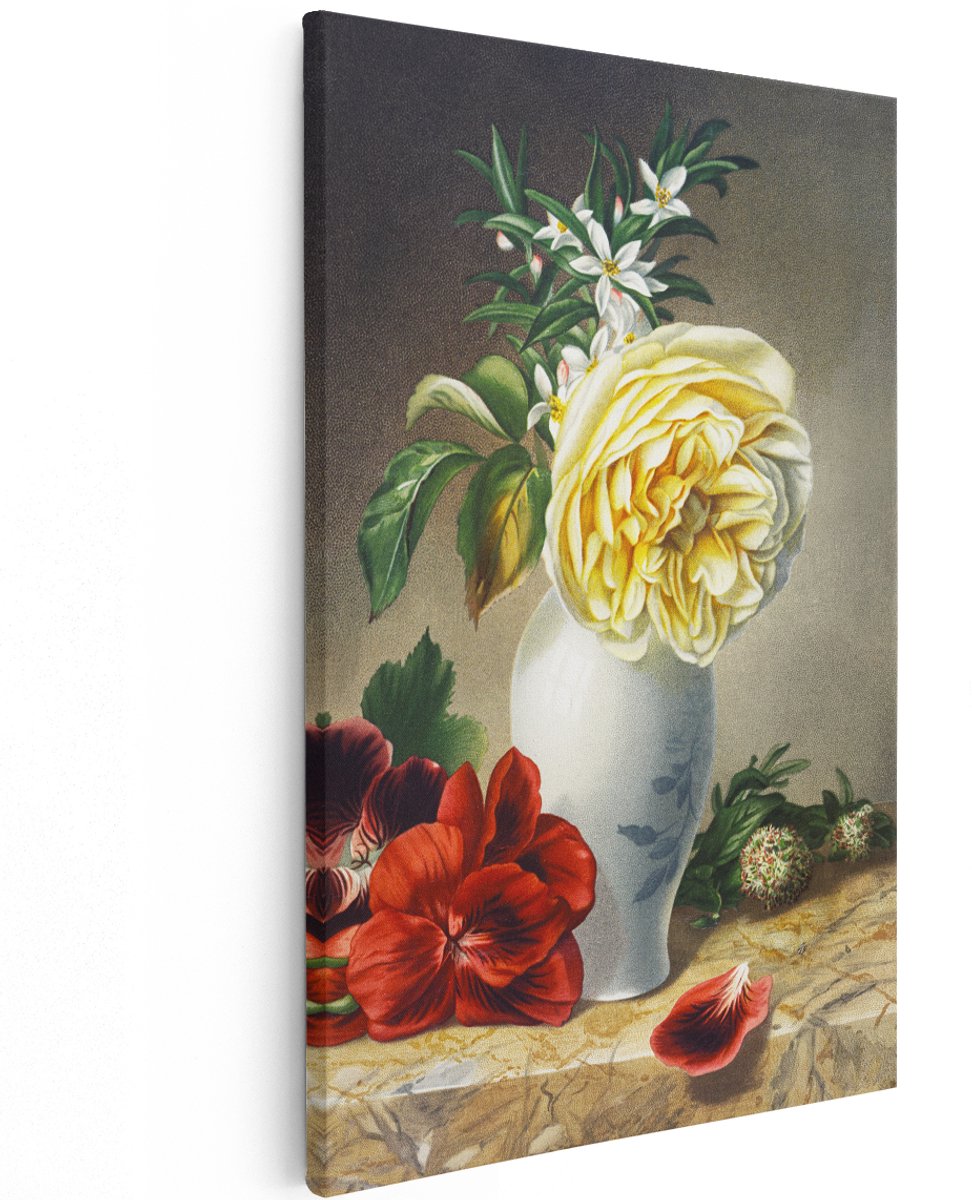 Artaza Canvas Schilderij Stilleven Bloemen - 120x180 cm - Groot - Wanddecoratie Gele Roos - Muurdecoratie Vintage - Decoratie Woonkamer