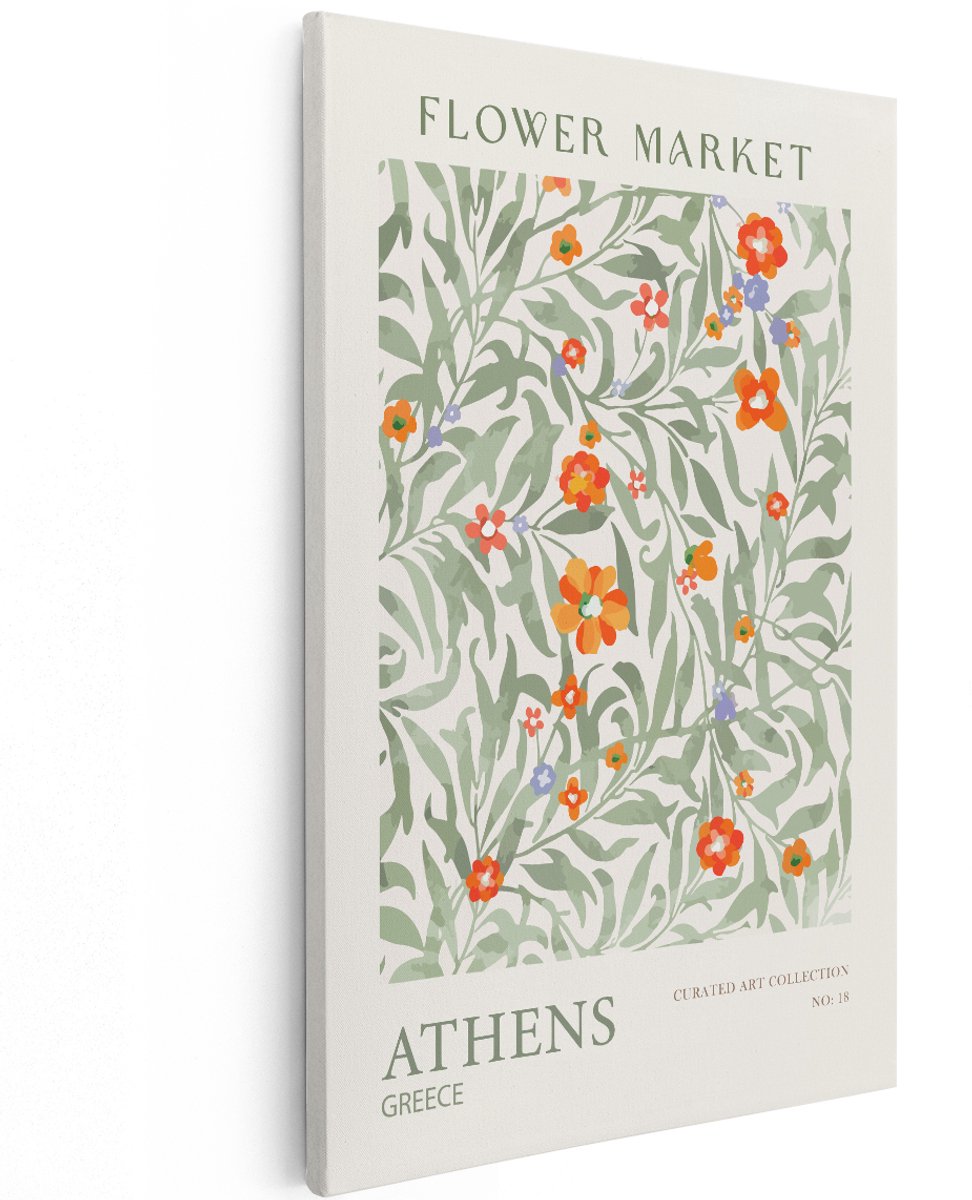 Artaza Canvas Schilderij Bloemenmarkt Athene - 120x180 cm - Groot - Wanddecoratie Bloemen - Muurdecoratie Botanisch - Decoratie Vintage Poster