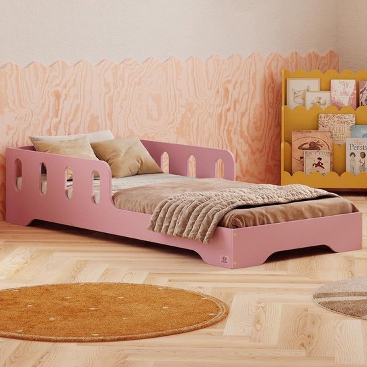 Montessori Bed 90x200 cm Roze | FSC Multiplex Hout | Valbeveiliging | Belastbaar 230 kg | Inclusief Luchtbed